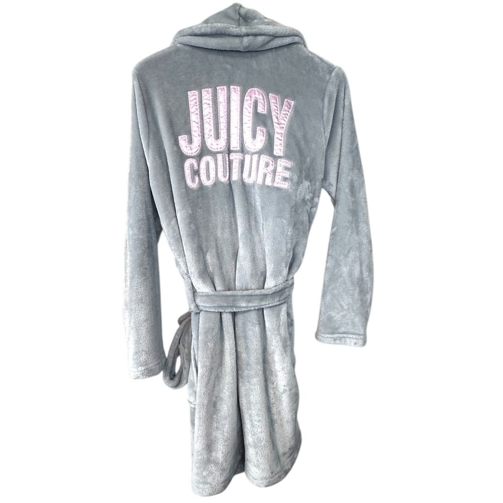Juicy Couture Ultra Plush Robe Gray Pink Logo‎ Embroidered Sleepwear S M